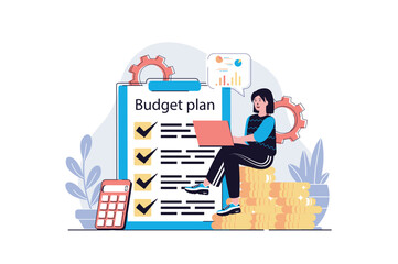 Aufkleber - Planning financial budget web concept with cartoon people design. Woman calculating money, making financial analysis, planning with checklist. Flat vector illustration isolated on white background.