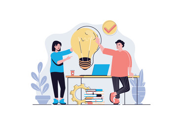 Poster - Teamwork web concept with cartoon people design. Man and woman brainstorming, generating ideas and solutions, collaboration and cooperation. Flat vector illustration isolated on white background.