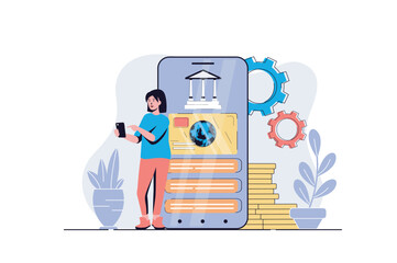 Poster - Mobile banking web concept with cartoon people design. Woman making financial management, accounting and transaction, paying for purchase in app. Flat vector illustration isolated on white background.