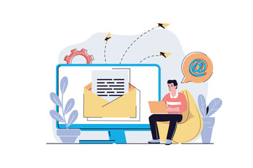 Poster - Email marketing web concept with cartoon people design. Man sending letters with business promotion information to clients, making promo mailing. Flat vector illustration isolated on white background.