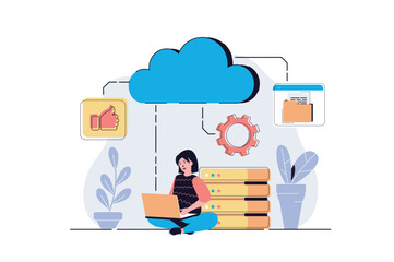Aufkleber - Cloud computing web concept with cartoon people design. Woman processing information and files at laptops using cloud storage and data backup. Flat vector illustration isolated on white background.