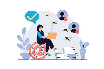 Leinwandbilder - Email service web concept with cartoon people design. Woman sends business letters and messages with announcement, chatting online with friends. Flat vector illustration isolated on white background.