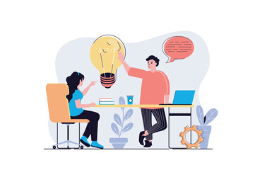 Poster - Brainstorming web concept with cartoon people design. Woman and man generating new ideas, finding solutions for developing business project. Flat vector illustration isolated on white background.