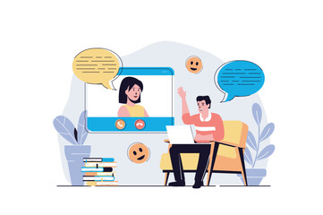 Poster - Video chatting web concept with cartoon people design. Man talking to woman by video calling using laptop, connecting with virtual friends. Flat vector illustration isolated on white background.