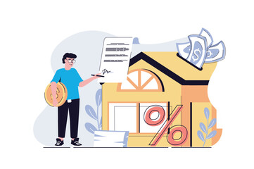 Aufkleber - Mortgage web concept with cartoon people design. Man getting bank loan for buying new house, signing agreement documents for property owning. Flat vector illustration isolated on white background.