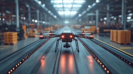 Poster - A drone is positioned on a track inside a spacious warehouse designed for logistics and distribution.