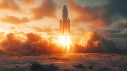 Aufkleber - A rocket is lifting off from the launch pad as the sun sets, enveloped in clouds and flames, signaling the start of a significant spaceflight, emphasizing the power of aerospace technology