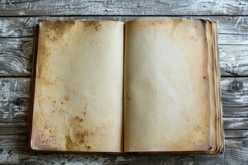 Poster - Vibrant Image of Open Sketchbook with Blank Pages on Wood Background