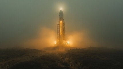 Poster - A rocket stands ready for launch in thick fog, illuminated by strong lights. The scene captures the essence of spaceflight, with a focus on propulsion and landing mechanisms.