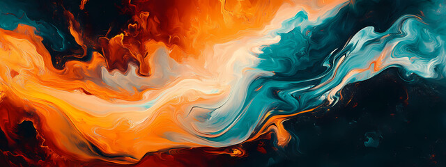 Poster - Vivid Fluidity: Captivating abstract image of swirling orange and teal colors, evoking a sense of dynamic movement and artistic expression.