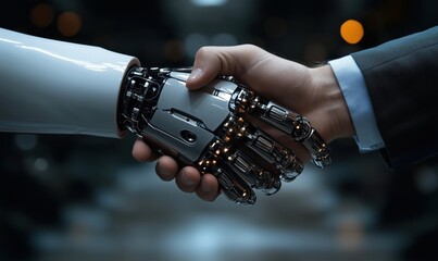 Poster - Human and robot handshake symbolizing collaboration and technological advancement