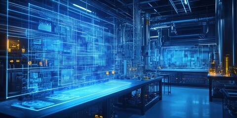 Poster - Futuristic digital factory interior with holographic displays and advanced technology