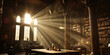 © panophotograph - Old Library with Sunbeams A rich interior shot of a grand historic library filled with towering bookshelves and ancient manuscripts