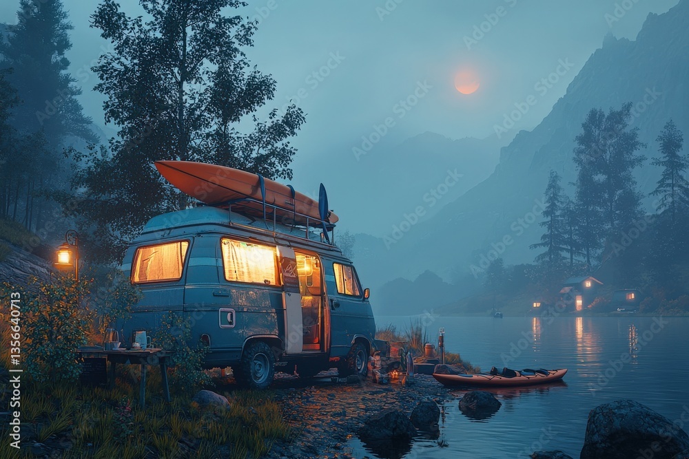 A cozy blue van is parked by a calm lake surrounded by mountains. A kayak rests on top, while another is moored nearby. Warm light glows from inside, creating a tranquil atmosphere at sunset.