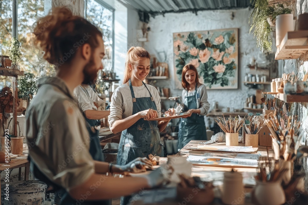 In a vibrant workshop, several artists work together, engaged in creating artwork. Natural light floods the space, highlighting plants and colorful materials throughout the room.