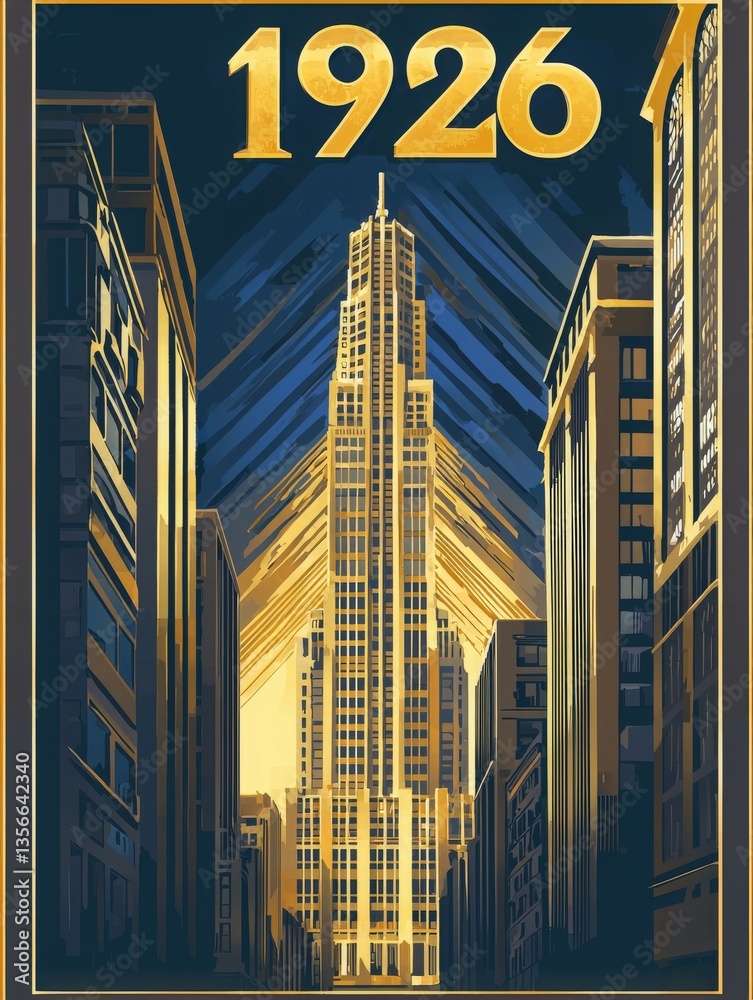 An elegant art deco illustration showcases a towering skyscraper amidst nearby buildings, featuring bold geometric lines and a golden color palette typical of the 1920s.