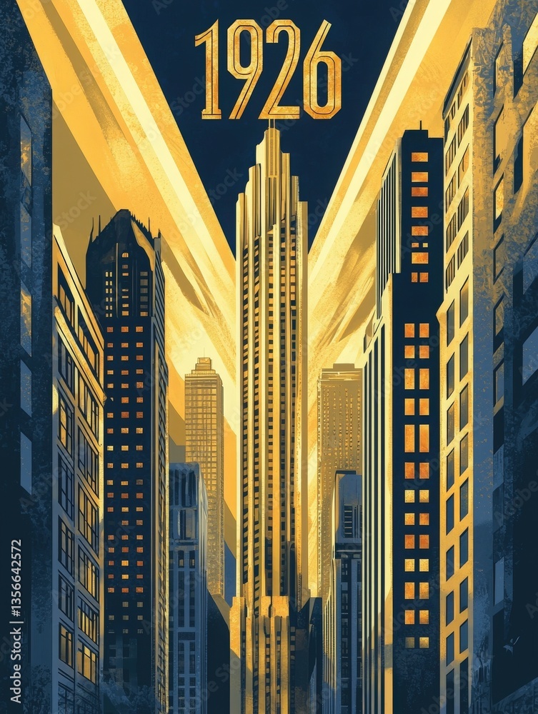 A striking depiction of an Art Deco skyscraper surrounded by modern buildings.