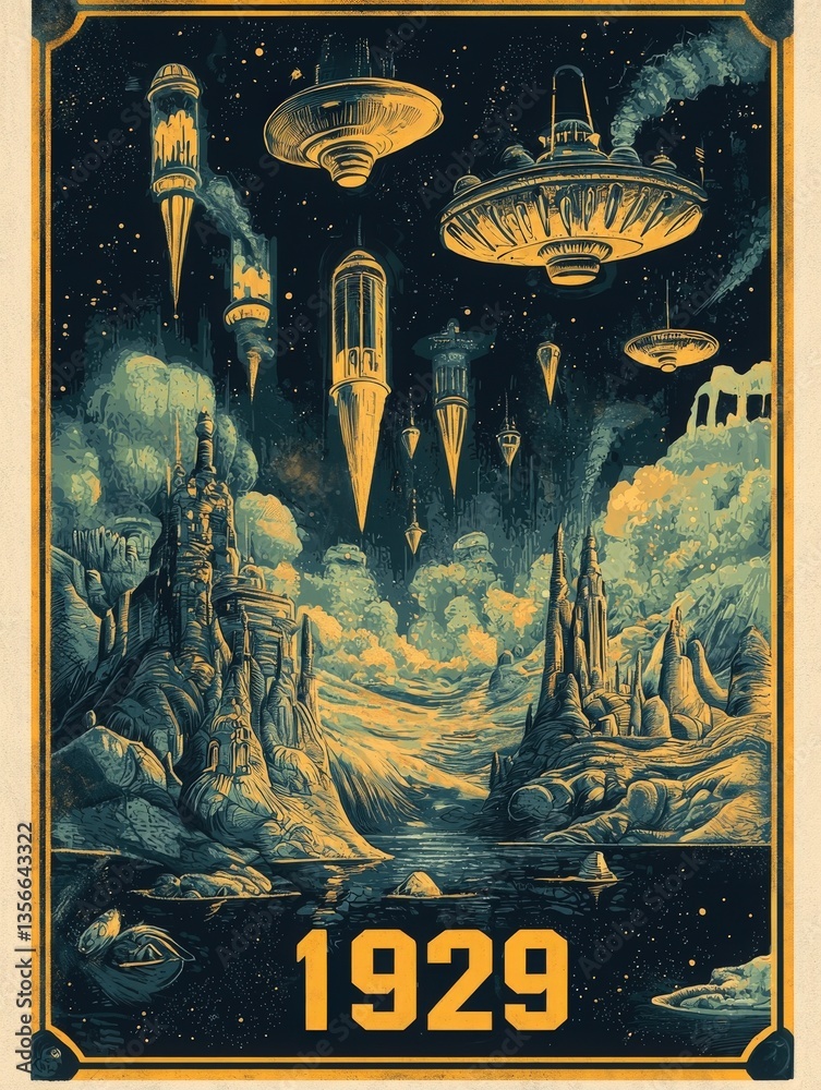 A breathtaking futuristic landscape shows flying ships hovering over rocky cliffs and a serene lake. The year 1929 is prominently displayed, creating a blend of wonder and nostalgia.
