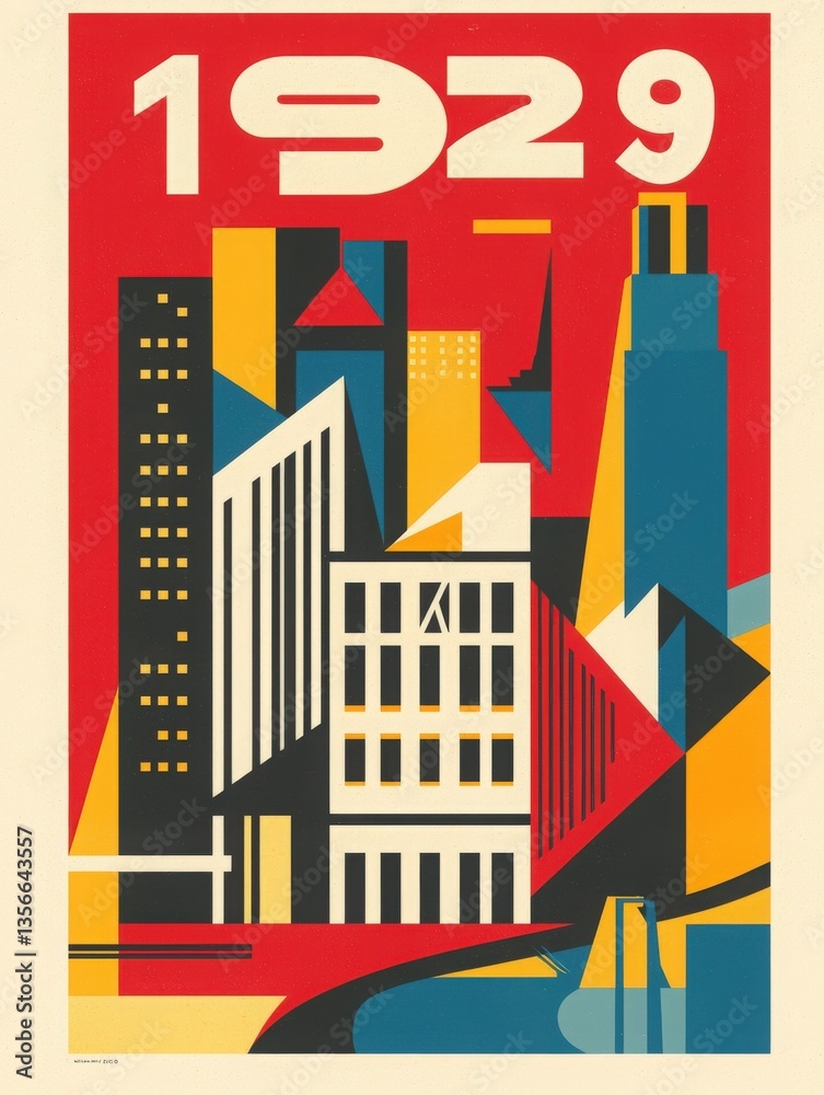 A vibrant art deco representation of a cityscape from 1929 features abstract buildings in geometric forms.
