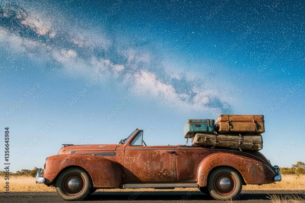 A weathered convertible is parked on a road amidst vast open land, with retro luggage stacked on its back seat, set against a stunning night sky filled with stars.
