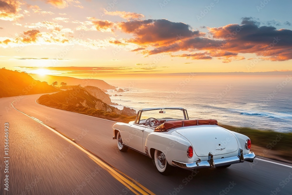 A classic convertible car cruises down a winding road beside the ocean as the sun sets. Vibrant colors fill the sky, reflecting on the water, creating a picturesque scene of tranquility and freedom.