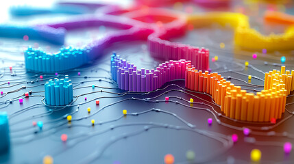 Poster - Colorful 3D Abstract Representation of Vibrant Lines and Dots on a Textured Surface Suggesting Digital Creativity