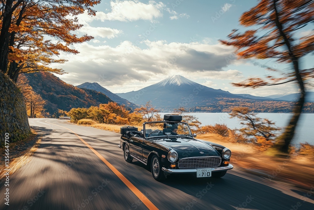 A black convertible car cruises along a winding road, surrounded by vibrant autumn foliage. In the background, a majestic mountain reflects in the calm lake under a cloudy sky.