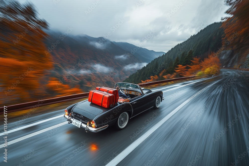 A black vintage convertible travels down a rainy, winding road. Autumn leaves with vibrant colors surround the car, creating a breathtaking backdrop in a mountainous region.