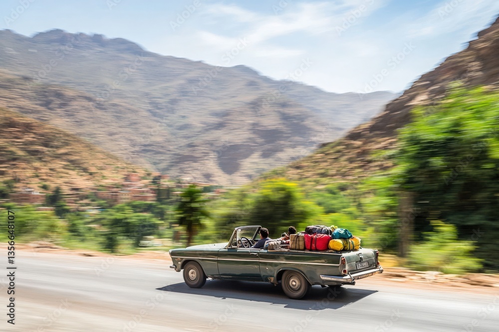 A vintage car travels along a winding road in a hilly landscape. The vehicle is packed with colorful luggage, suggesting an adventurous journey through the scenic mountains on a sunny day.