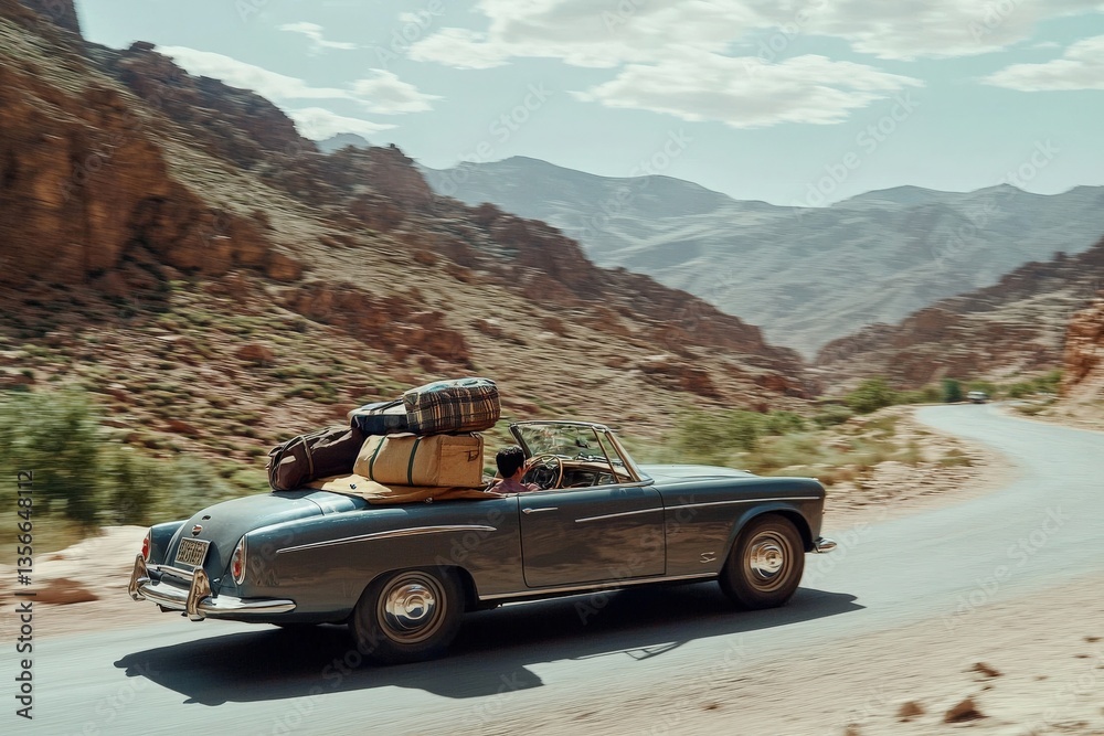 A vintage convertible car speeds along a winding road surrounded by majestic mountains. The vehicle is loaded with luggage, suggesting a road trip adventure on a sunny day.