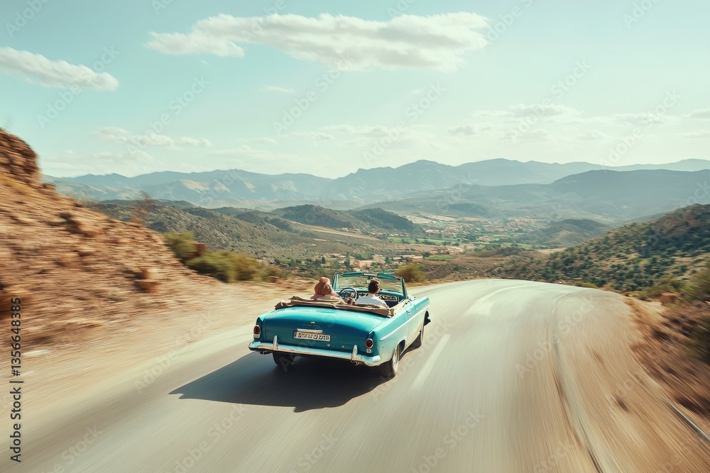 A classic convertible drives along a winding road surrounded by mountains and lush greenery. The bright blue car contrasts beautifully with the natural scenery, under a clear sky.