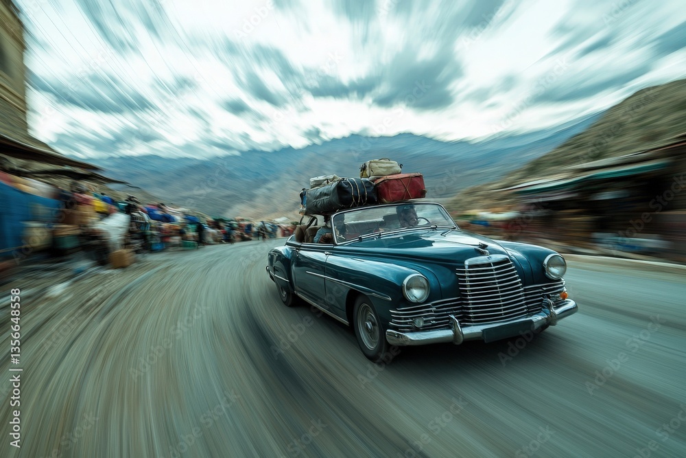 A classic blue car speeds along a curved mountain road, packed with luggage on the roof. Surrounding scenery features rugged terrain and distant peaks, creating a sense of adventure.
