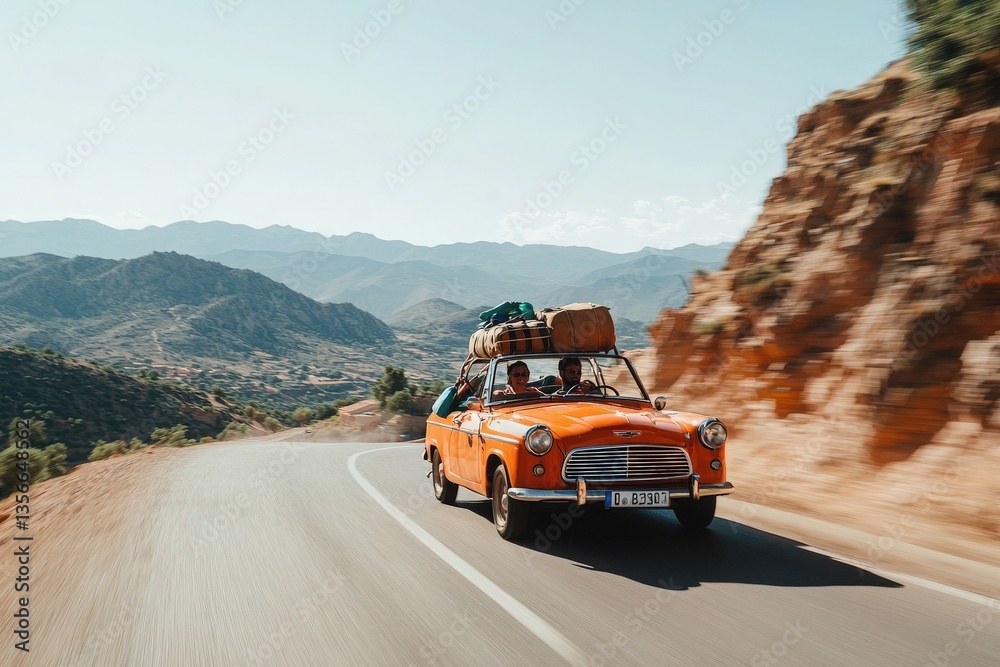 A vibrant orange car travels along a winding road surrounded by majestic mountains. The vehicle is loaded with luggage, showcasing a carefree spirit of adventure on a sunny day.
