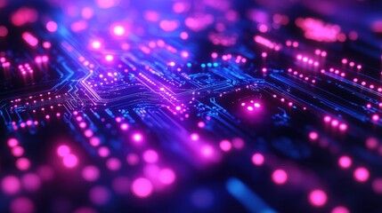 Poster - Abstract digital circuit board with glowing neon lights and vibrant colors