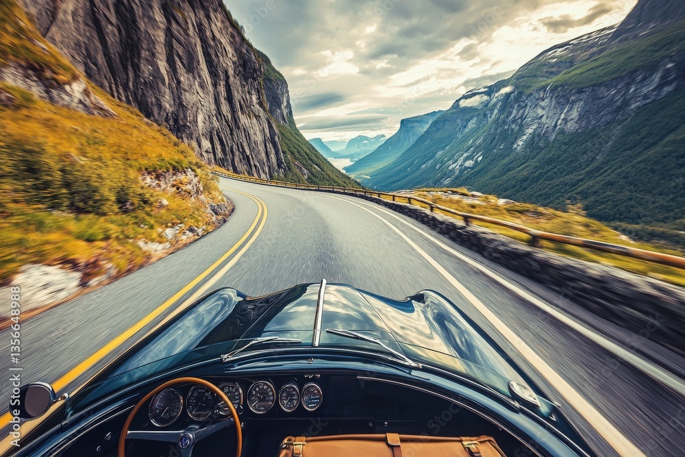 A vintage car navigates a twisting mountain road surrounded by dramatic cliffs and lush valleys. The cloudy sky adds a sense of adventure to this picturesque route.