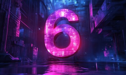 Poster - Futuristic neon number 6 in vibrant purple and blue digital environment