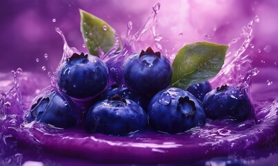 Poster - Fresh blueberries splashing in vibrant purple liquid with green leaves