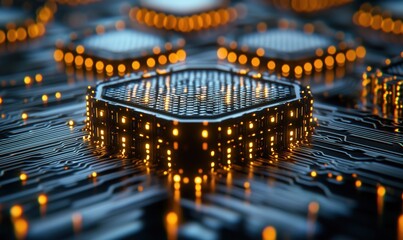 Poster - futuristic microchip with glowing circuits and intricate design in digital technology