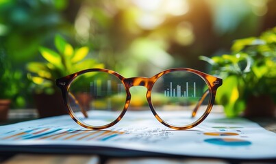 Poster - Glasses with data visualization reflecting on lenses in a green environment
