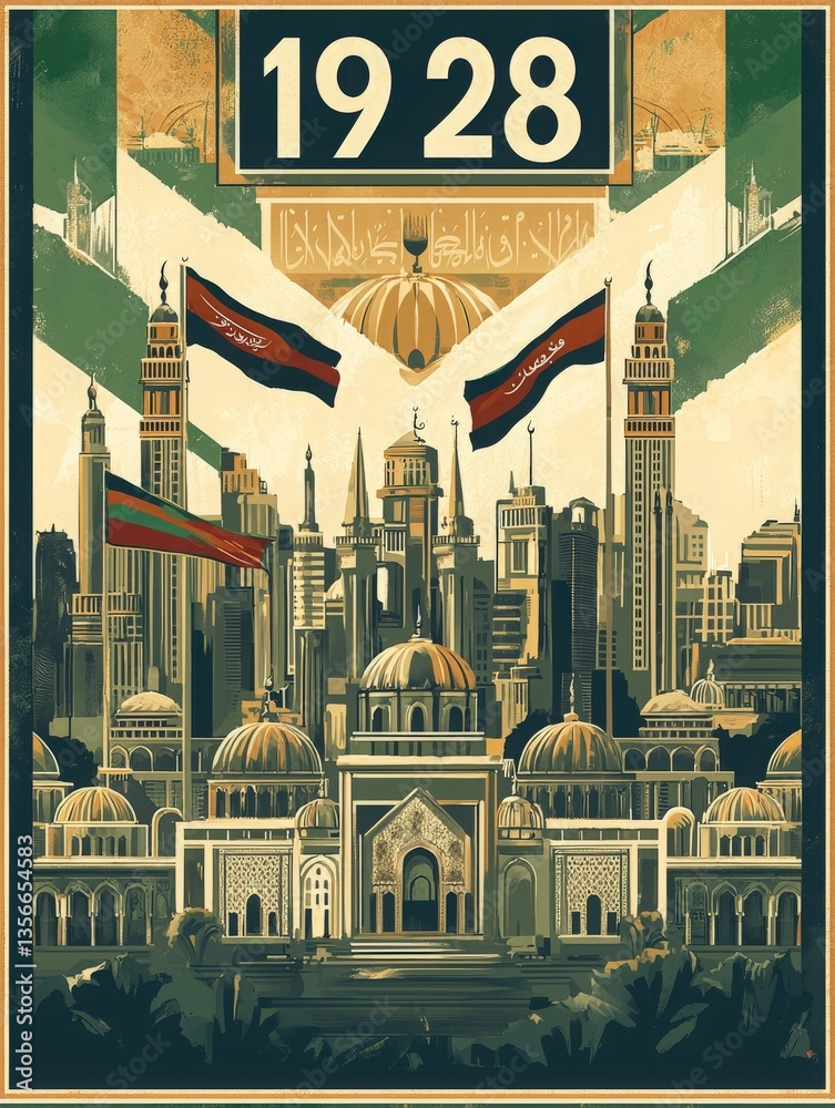 A detailed artwork features a skyline blending modern and traditional architecture, showcasing domed structures and skyscrapers. The year 1928 is prominently displayed, combined with flags.