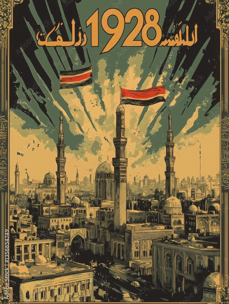 The vibrant skyline showcases towering minarets and historic buildings adorned with flags.