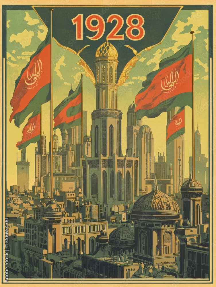 A remarkable cityscape highlights grand buildings with intricate designs, soaring towers, and prominent flags waving amidst a vibrant skyline.