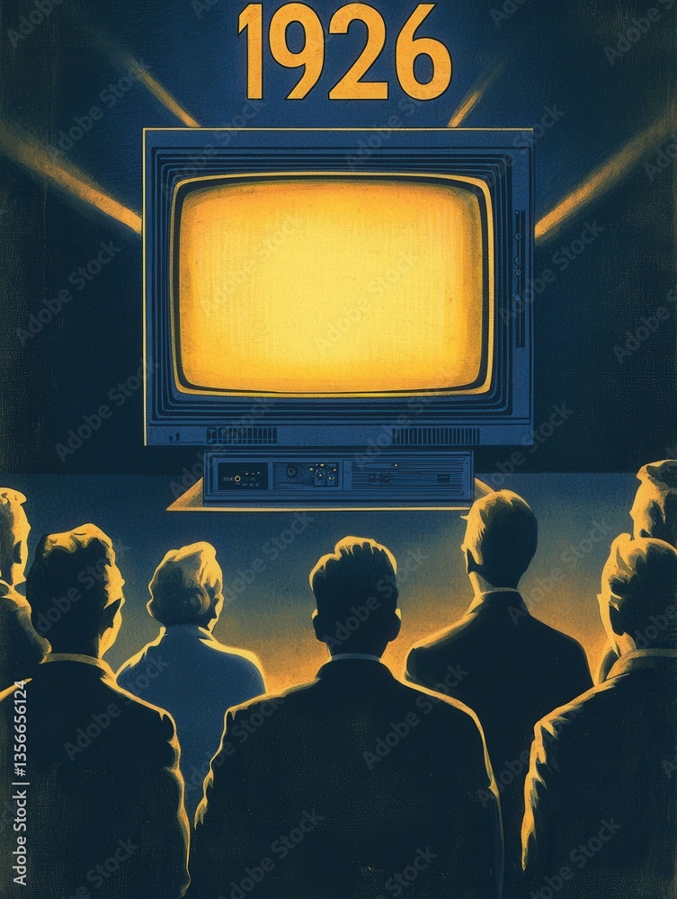 In a dimly lit setting, a group of individuals faces a glowing television screen, radiating a vibrant yellow hue. The atmosphere is nostalgic, reflecting the era of 1926.