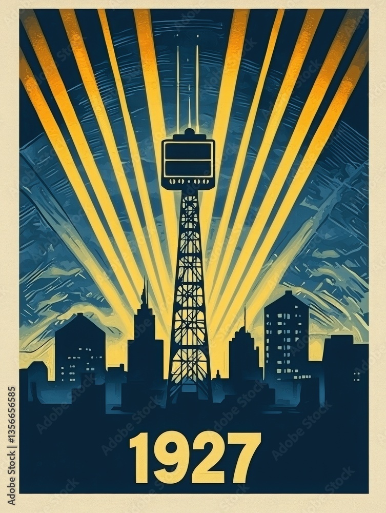 A tall communication tower stands prominently against a city skyline, illuminated by radiant beams of yellow light. The year 1927 is boldly displayed at the foreground, symbolizing an important era.