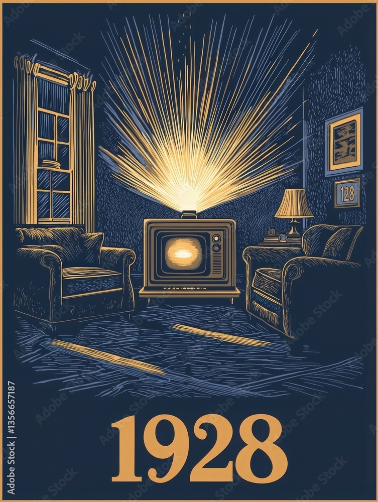 A cozy living room from 1928 is depicted with two armchairs facing a vintage television. The TV emits bright rays of light, illuminating the dark walls, while a lamp and window add to the atmosphere.