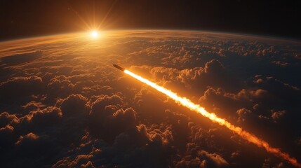 Poster - A rocket ascends into the sky at dawn, creating a bright trail as it powers through the atmosphere, illustrating advanced propulsion techniques and the beauty of space travel.