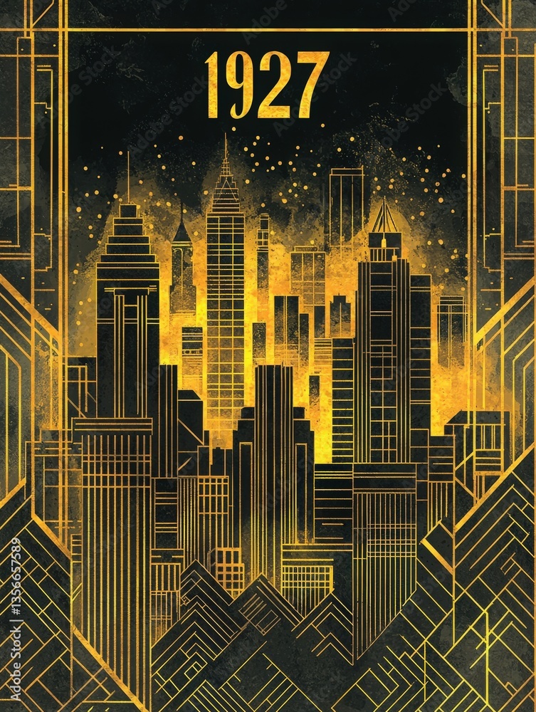 A detailed illustration showcases a city skyline from 1927, featuring tall buildings with art deco designs and gold accents against a dark background, creating a glamorous night atmosphere.