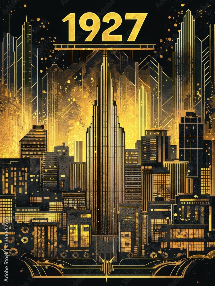 An intricate illustration showcases a stylized Art Deco skyline from 1927, highlighting towering buildings with a golden hue. Geometric designs and historical architecture reflect the eras elegance.