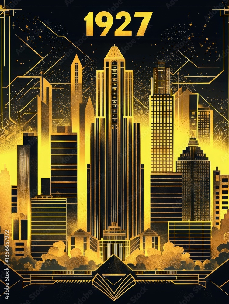 An artistic representation showcases a lively city skyline highlighting various skyscrapers from the year 1927.