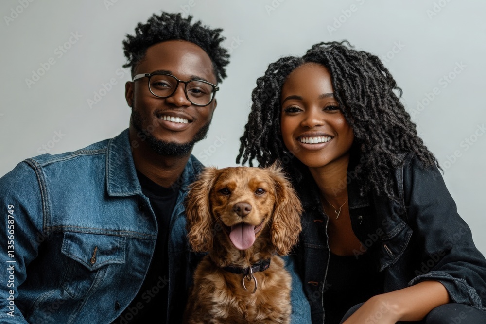A couple is posing together in a studio setting, both wearing casual denim jackets. Their cheerful dog sits between them, displaying a friendly expression. The atmosphere is warm and inviting.